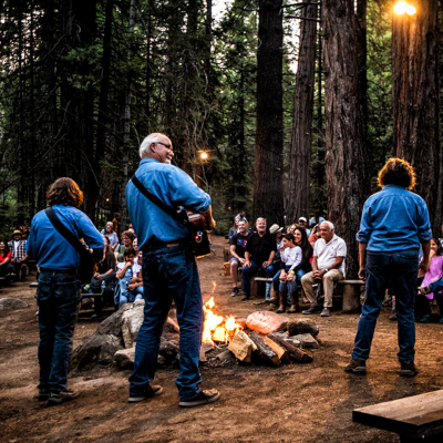 a group of people standing next to a tree