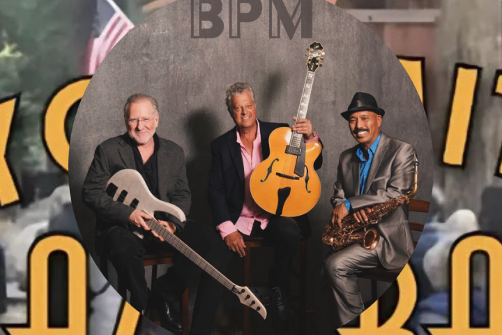 Three musicians with guitars and saxophone in a circle overlay.