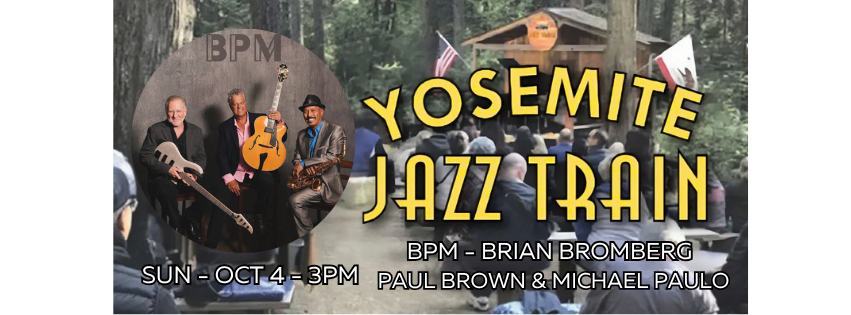 Banner for 'Yosemite Jazz Train' with musicians and audience seated in forest.