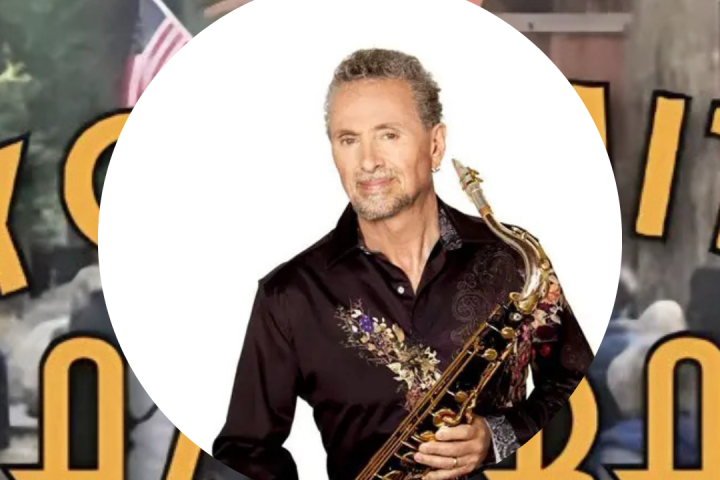 Man holding saxophone, overlay on a background with American flag.