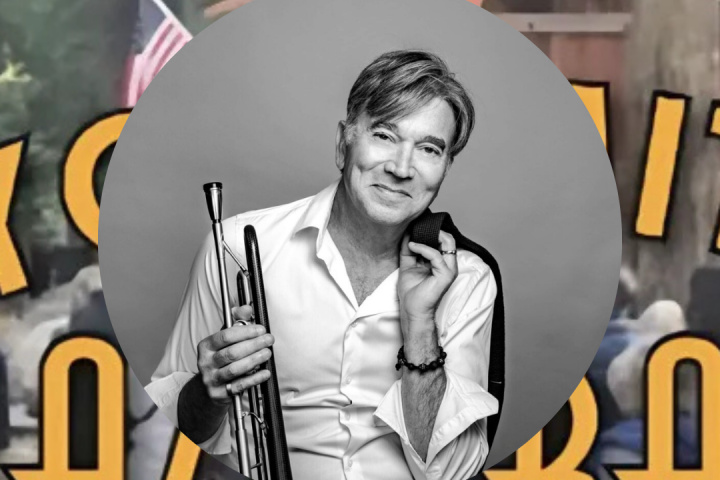Black and white photo of a man holding a trumpet, overlaid on a colorful outdoor scene with text in the background.