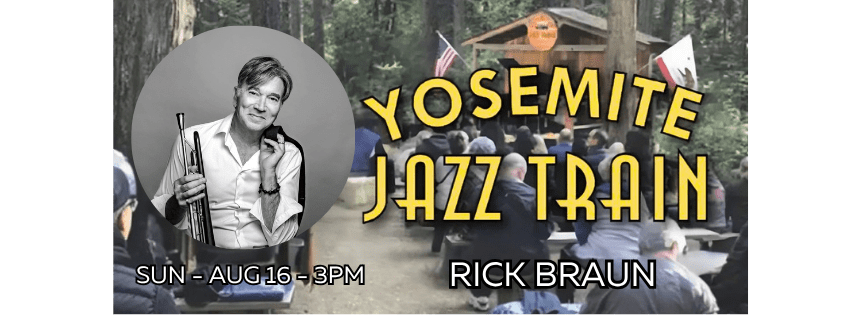 Promo: Yosemite Jazz Train event, featuring Rick Braun, with audience seated in forest setting.