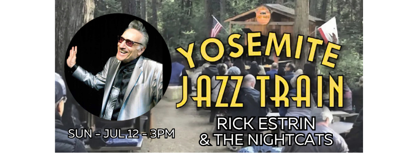 Yosemite Jazz Train flyer with event details and a photo of a performer.