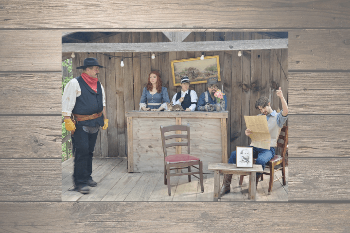 Western scene with a cowboy, two women at a counter, and a man reading a newspaper.