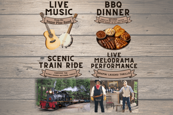 Event poster with live music, BBQ dinner, train ride, and melodrama performance.