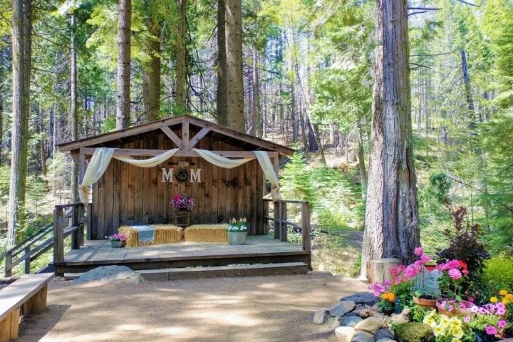 Rustic outdoor stage with hay bales, surrounded by tall trees and colorful flowers.