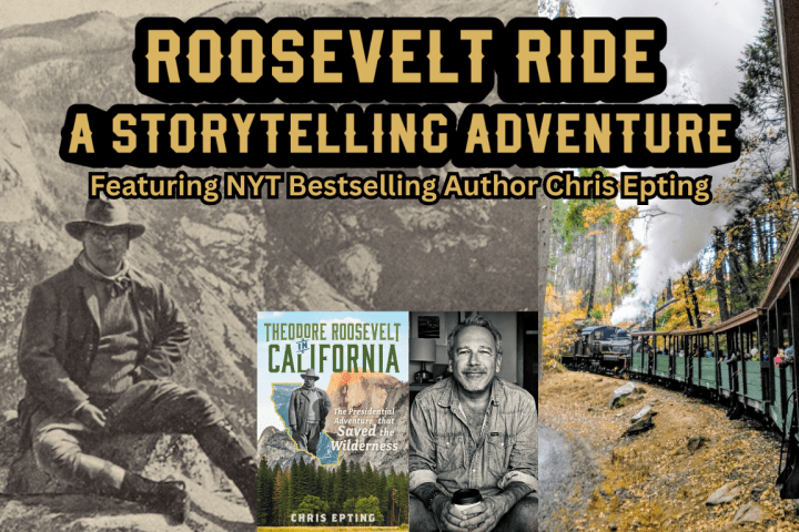Roosevelt Ride storytelling event poster with train, book cover, and author Chris Epting.